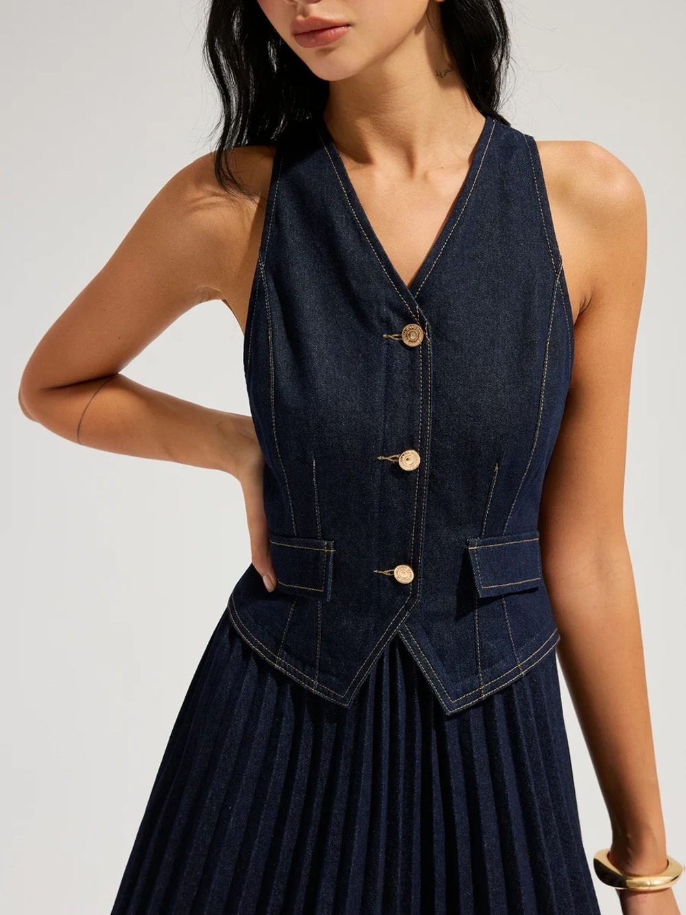 Commense Denim Sleeveless Pleated Mini Dress - Picture 3 of 16